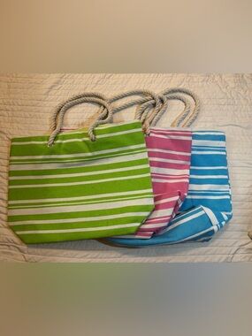 3 bags, Green, Pink and Blue Striped Canvas Tote with Rope Handles - Unbranded